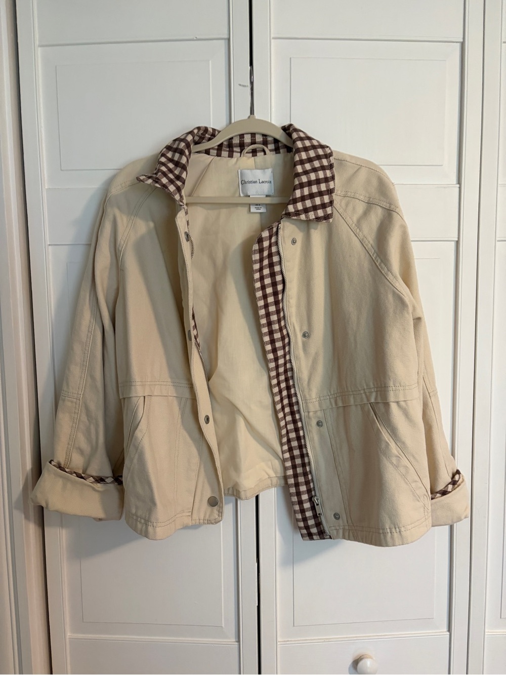 NWOT Christian Lacroix Cream Utility Jacket with Brown Gingham Collar - Picture 2 of 5